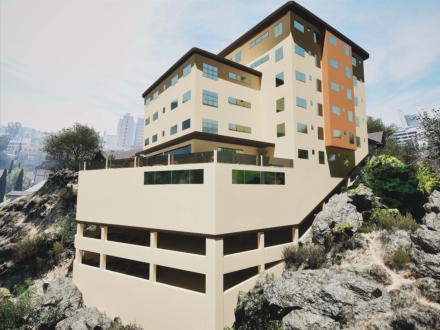 Conceptual rendering showing a curved multi-story mixed-use building rising above the Hillcrest hillside with downtown San Diego in the distance