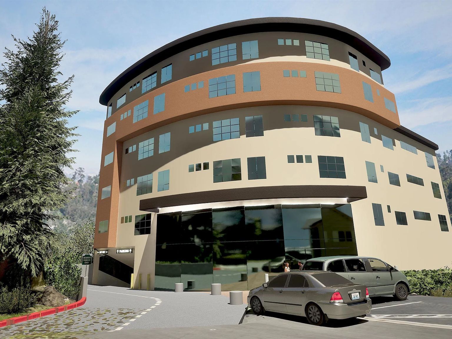 Conceptual rendering of the building's curved entrance facade at street level with arrival drive