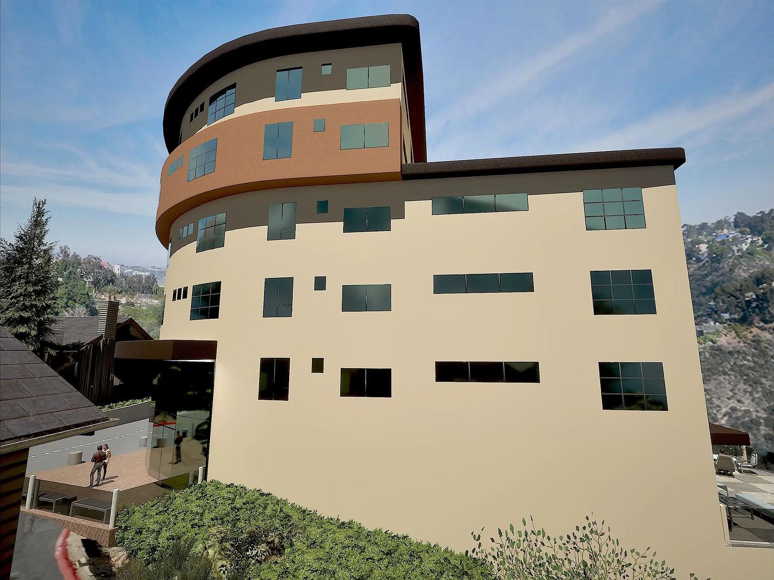Conceptual rendering showing the building's western elevation with terraces overlooking the canyon
