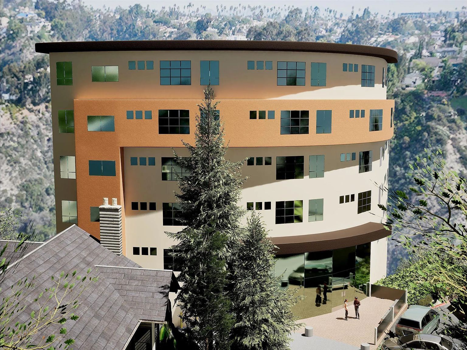 Conceptual rendering of the building from the canyon side showing the full massing and tiered facades against the San Diego horizon